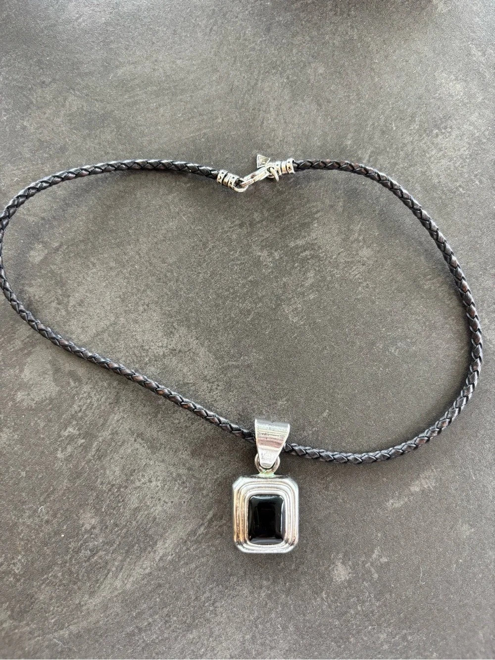 Silpada Silver Pendant Necklace with Black Center Stone on Brown Cord